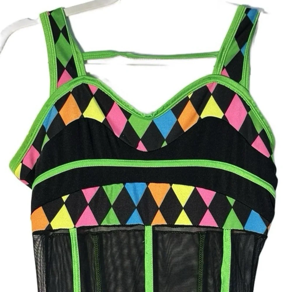 Neon Harlequin‎ Mesh Dance Costume 80s 90s Adult Medium Vibrant Diamond size AME